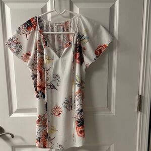 Floral Tie-Front Flutter Sleeve Blouse - White/Coral